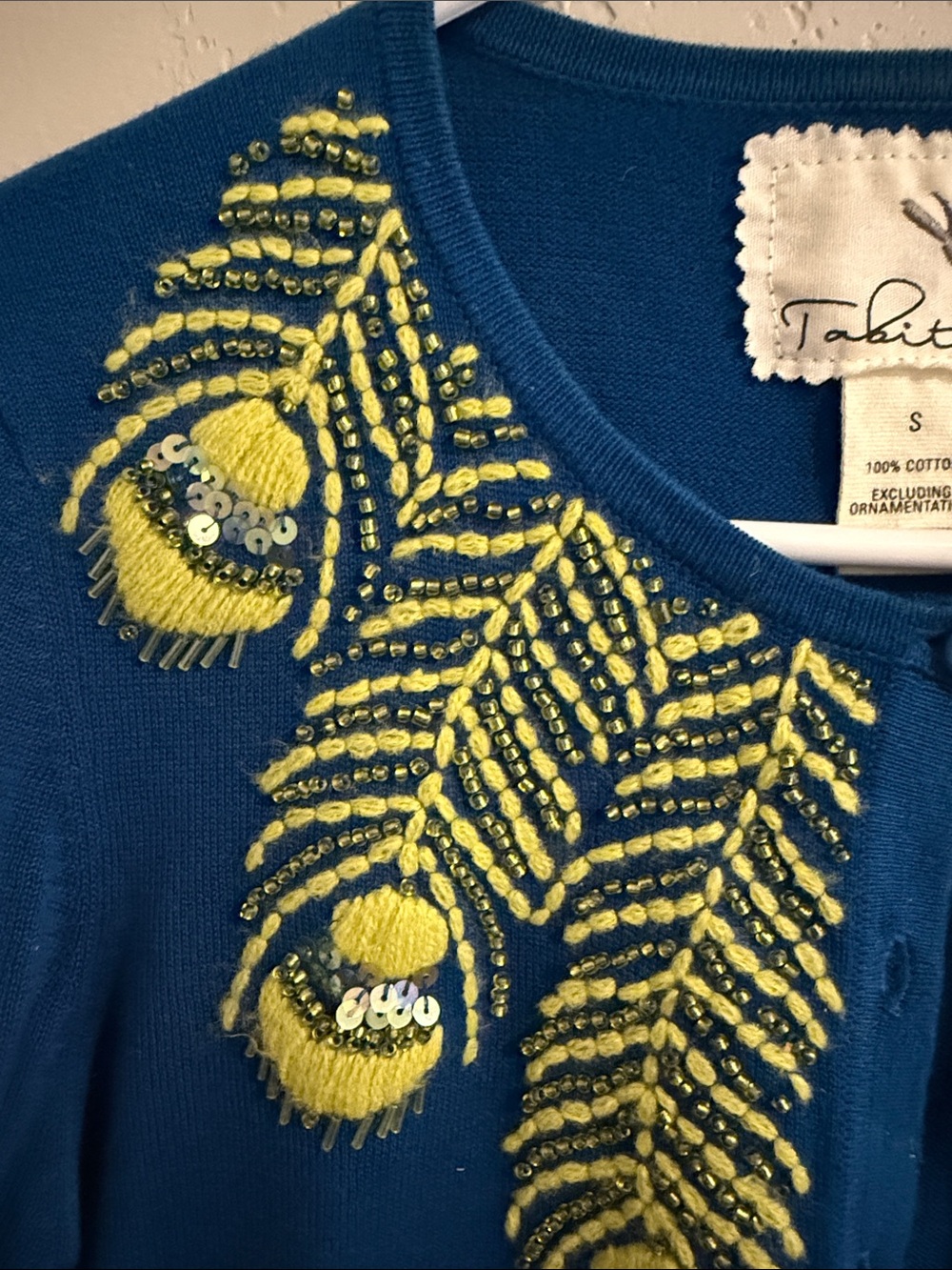 Anthropologie Tabitha Blue Cardigan with Yellow-Green Peacock Embellishment - Picture 3 of 8